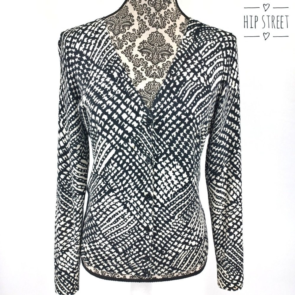TALBOTS V Neck Cross Hatch Print Cardigan Sweater S